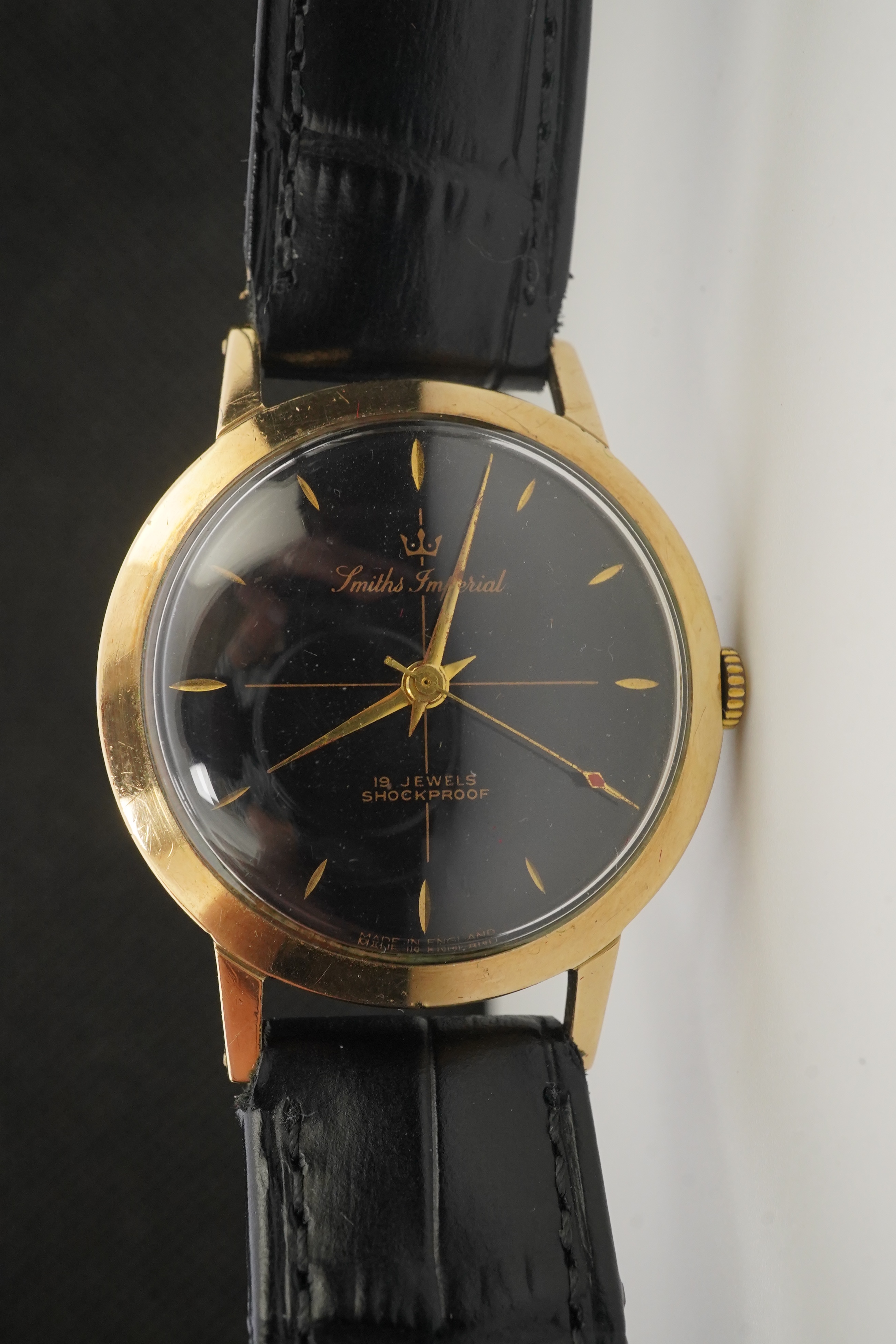 A gentleman's 1950's 9ct gold Smiths Imperial manual wind wrist watch, on a later associated Condor leather strap